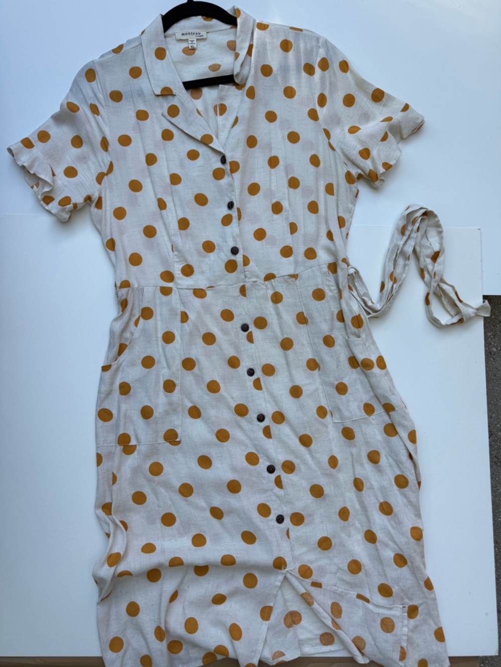 Monteau Yellow Polka Dot Belted Button Linen Blend Short Sleeve Dress Size XL - Picture 3 of 3